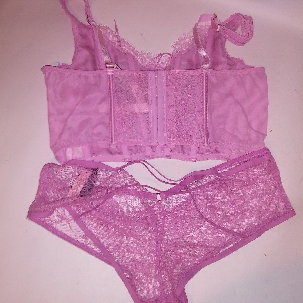 Victoria Secret Bra Set Bustier & Panty Large Pinkish Purple Lace Boned Cheeky - Picture 2 of 14